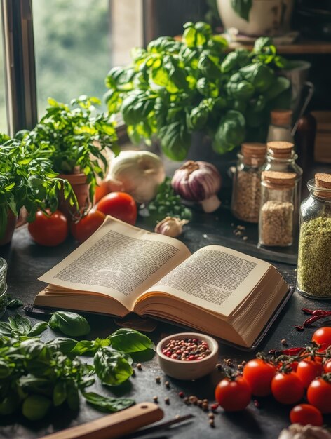 Książka kucharska i składniki na tle blatu